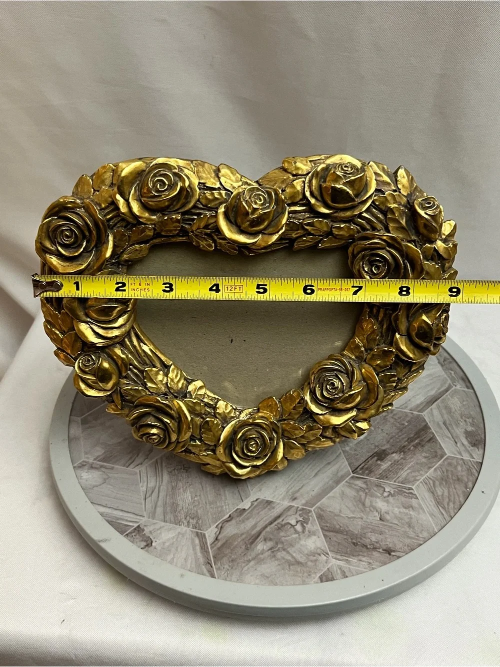 Gold Rose Heart Shaped Picture Frame Ornate Floral Romantic Tabletop Decor